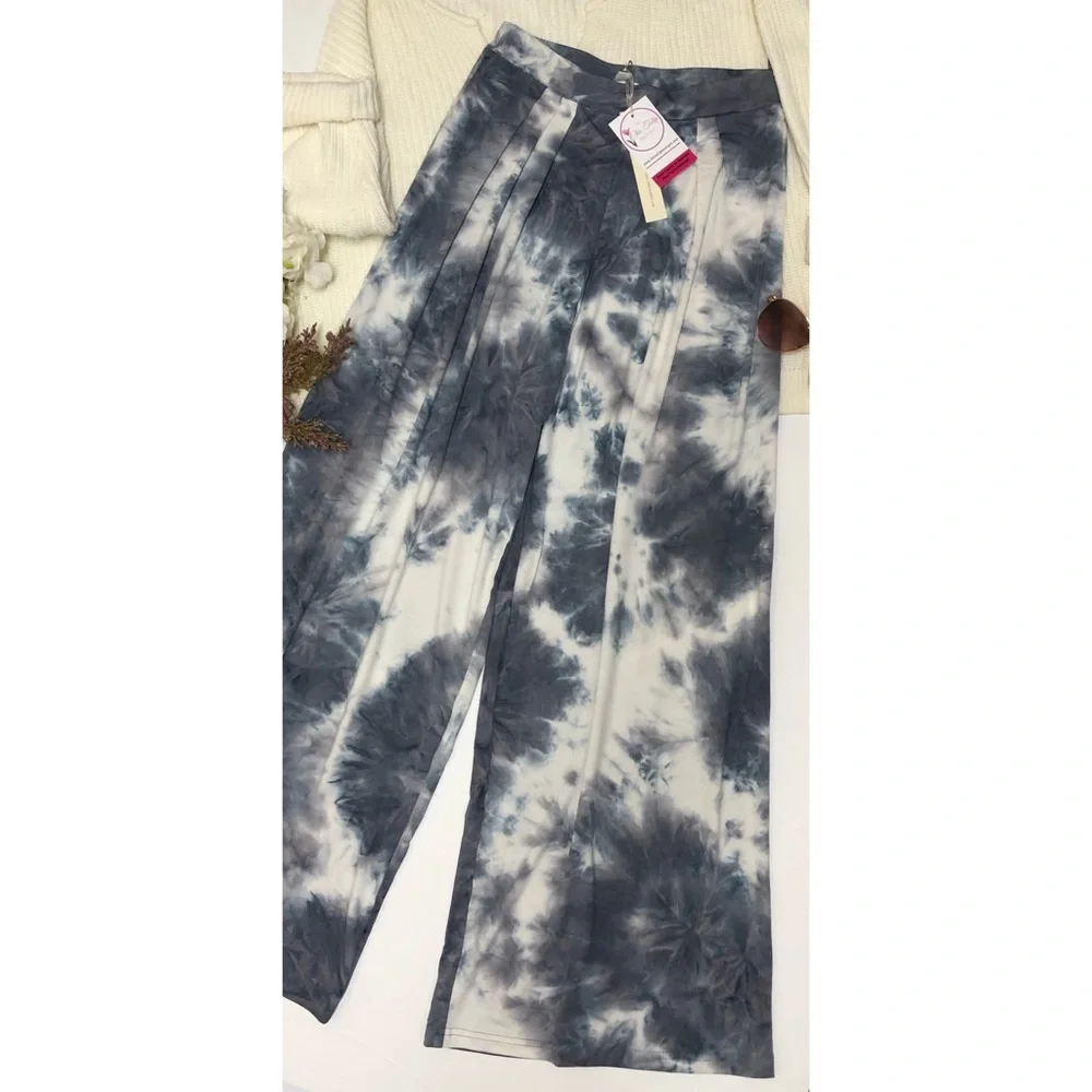 Wide Leg Pants Womens Size S Casual Pants Stretch tie dye Gray White NWT beach - Picture 9 of 12